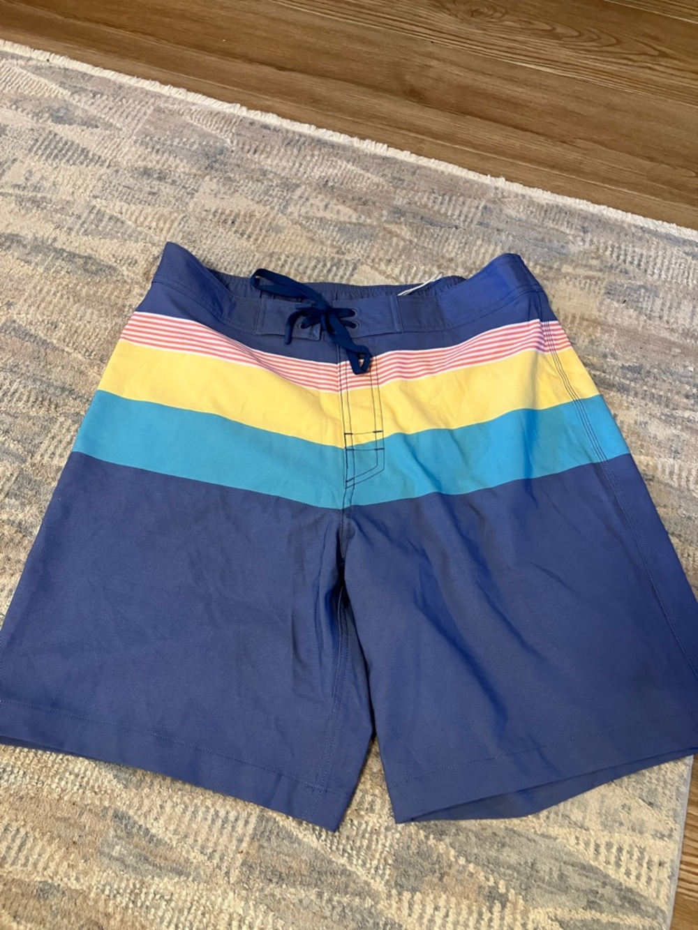 Southern Tide Navy Swim Shorts with Yellow, Teal & Coral Stripes